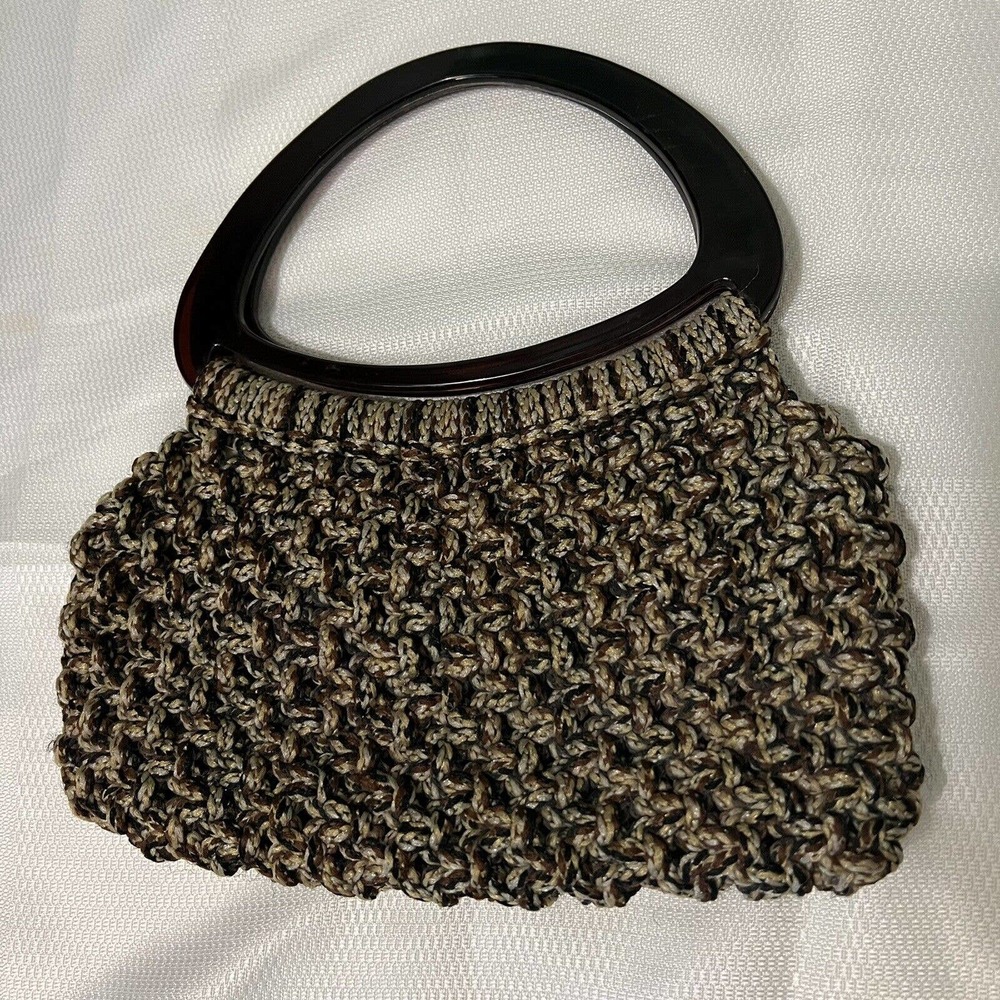 Vintage 60’s-70’s BOHO Brown Beige Macrame Handbag Purse Lucite Top Handles